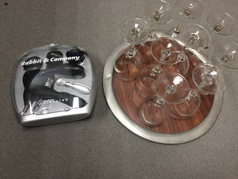 lot 42 image: Wine Glasses, Tray, Corkscrew