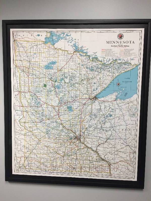 lot 101 image: Large Framed Minnesota Northern Pacific Railway Map