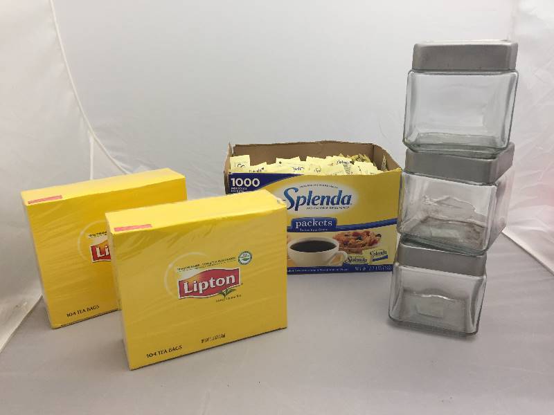 lot 113 image: 208 New Teabags, Cannisters, 1000 packets of Splenda