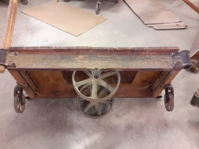 lot 54 image: Antique Railroad cart.. Appear to be NUTTING, but not all have markings..Hardware in excellent shape