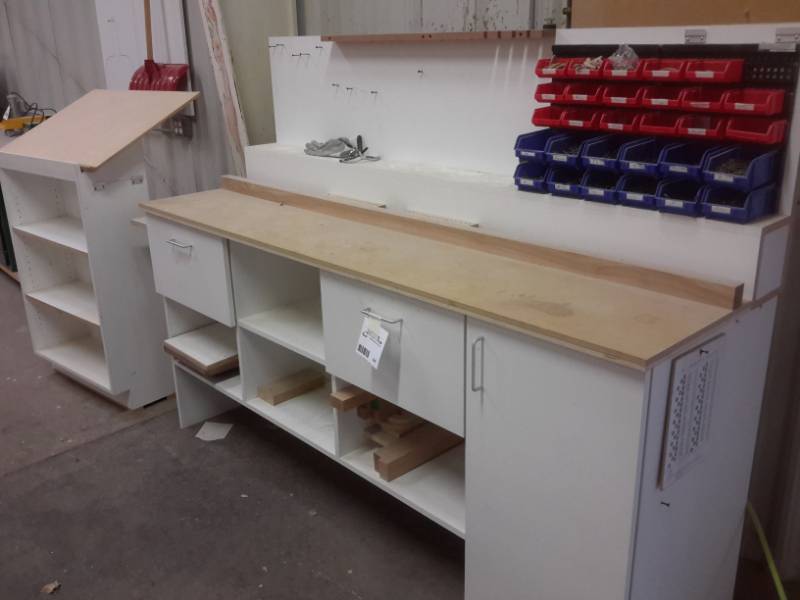 lot 248 image: Large work bench and podium type work surface.  DIM 92 x 25in x 62  36in x 22in x 54in