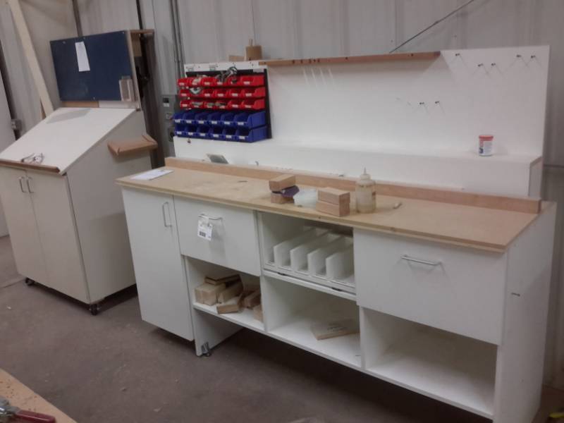 lot 249 image: Large work bench and podium type work surface.  DIM 84in x 25in x 63in 40 in x 27in x 73in