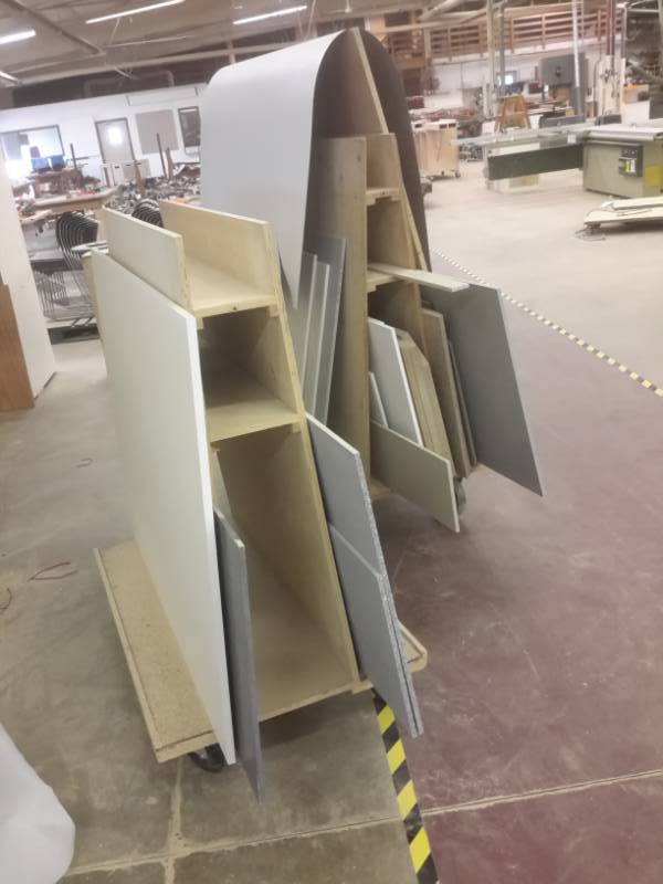 lot 317 image: 2 Upright material carts with all the laminate and hardboard material on the carts.. Misc. Sizes types.  Please inspect