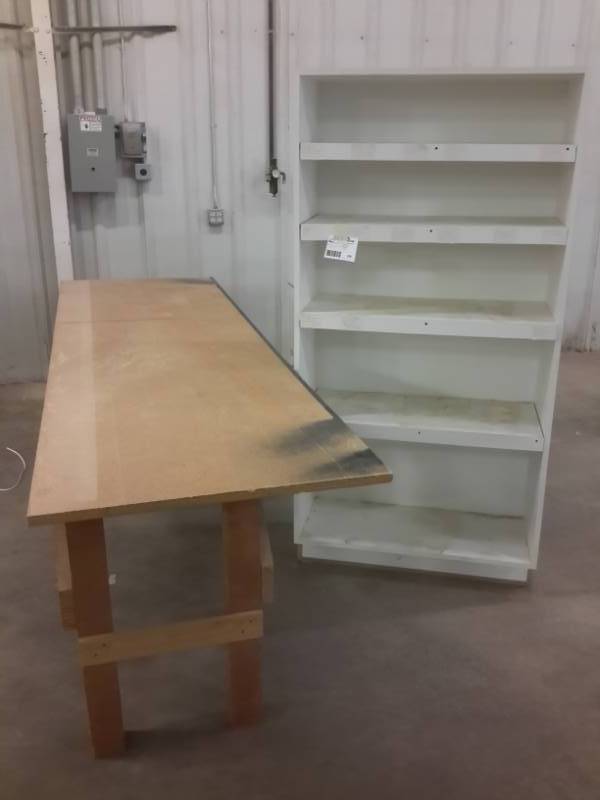 lot 328 image: Book shelf and work table.  36in x 12in x 72 in  24in x 72in x 42in