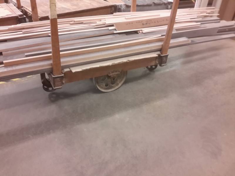 lot 319 image: Misc. hardwood on a Nutting type of cart..Nutting cart included.See closeups for typessizes of wood