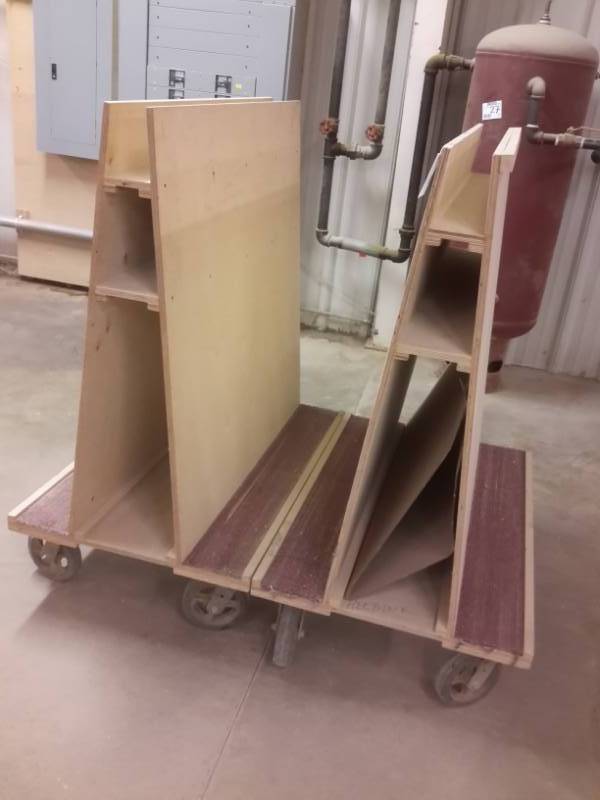 lot 360 image: 2, Wood Upright Rolling Carts.  Approx. 48in x 24in x 55 in h