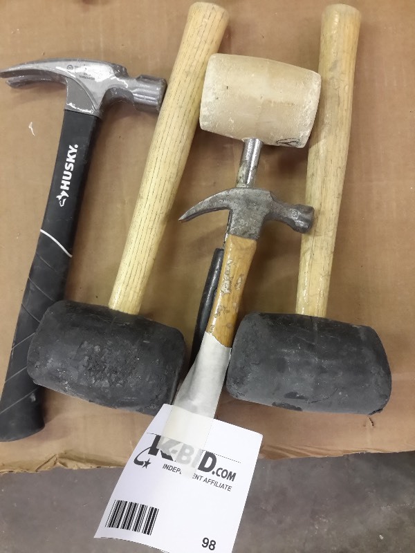 lot 98 image: 1 claw hammer and 3 rubber mallets