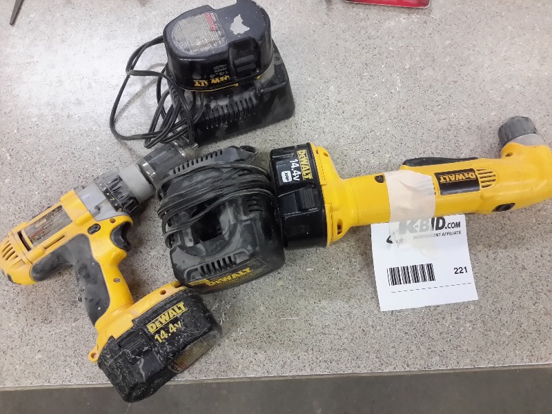 lot 221 image: DEWALT, DW983 XRP 12 in Dordless DrillDriver  DW966 38 in VSR Cordless Right Angle DrillDriver 2 Chargers