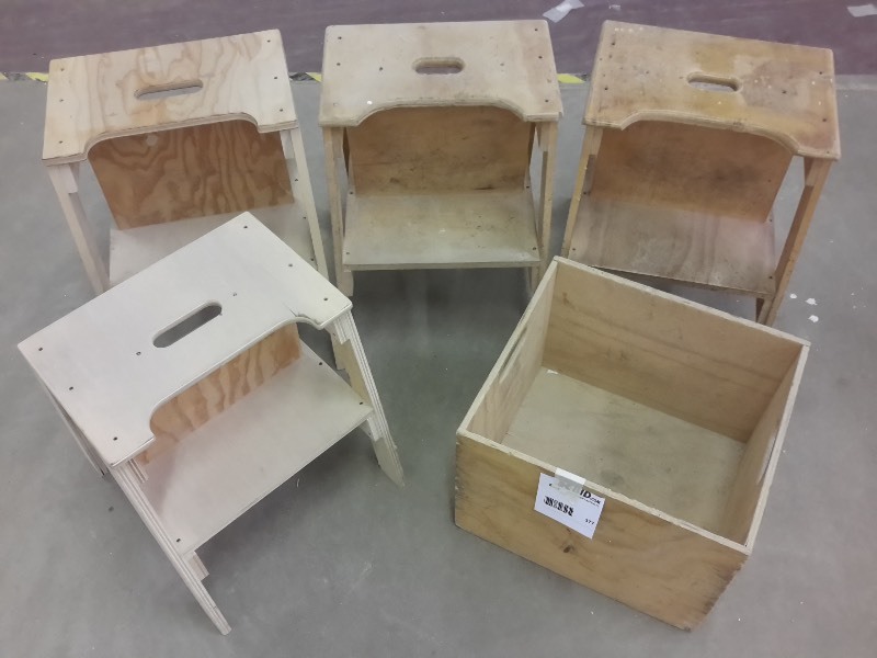 lot 377 image: 4 wood work stools and 1 wooden storage box