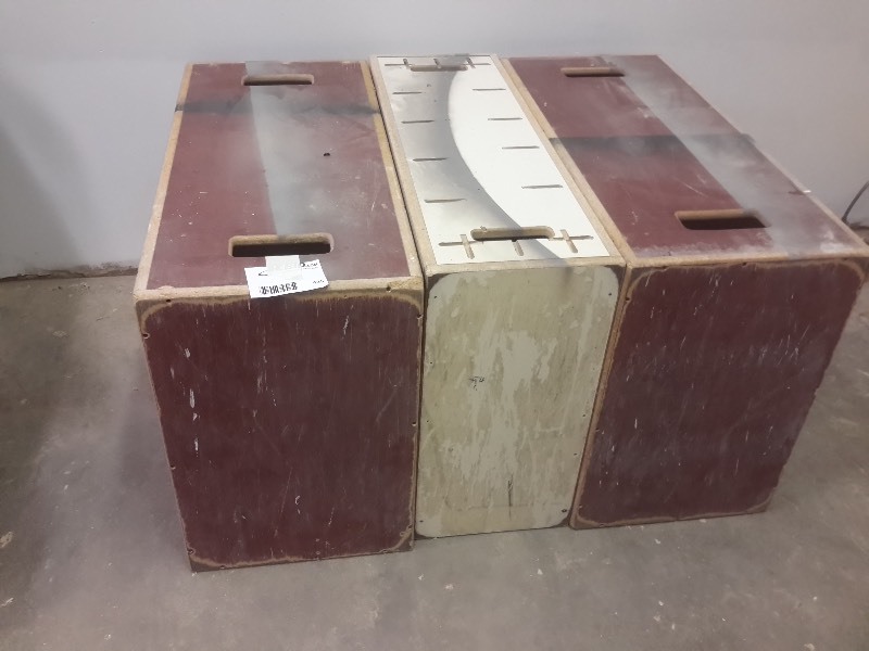 lot 435 image: 3, Wood Work Bench Stands (on their side).  12in x 18in x 30 in