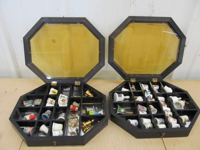 lot 20 image: Collection of Vintage Thimbles & Miniature Bells wDisplay Cases