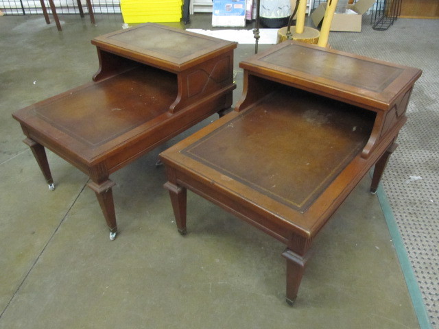 lot 85 image: Matching Vintage Leather Top End TablesNightstands 