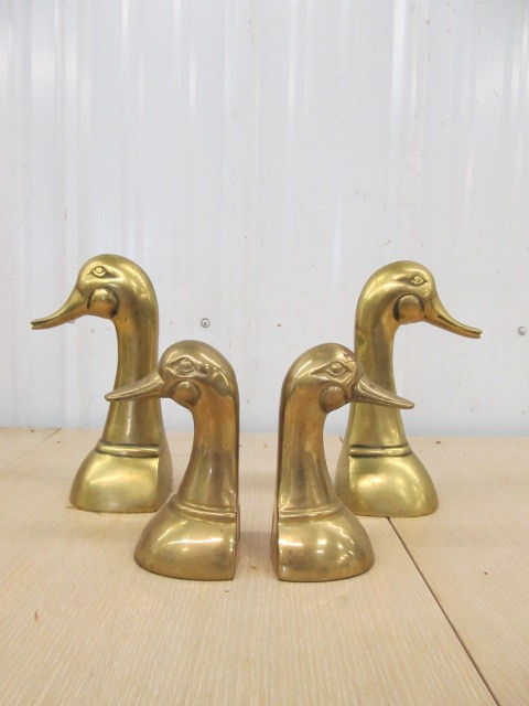 lot 126 image: 2 Sets of Mid Century Brass Duck Bookends