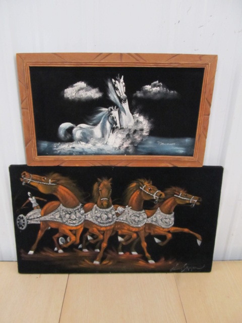 lot 133 image: 2 Vintage Framed Velvet Horse Paintings