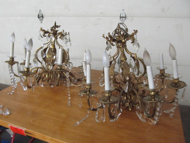 lot 170 image: Matching Pair of LARGE Vintage 1950s Brass Crystal Prism Chandeliers