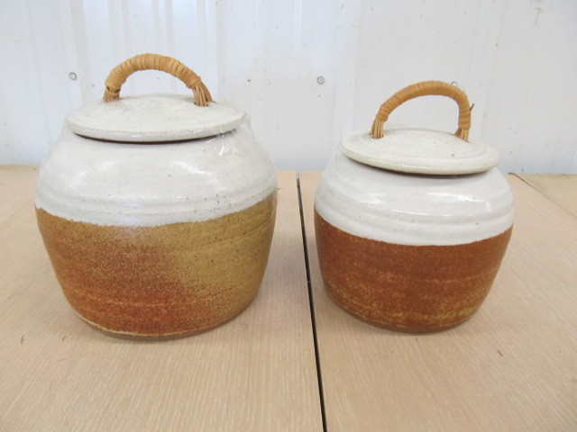 lot 203 image: 2 Vintage Signed Covered Stoneware Pots