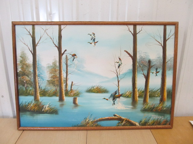 lot 207 image: NICE Large Flying Ducks Oil on Canvas Painting