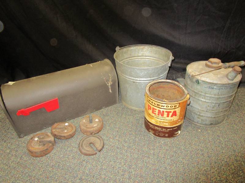 Galvanized Pail, gas can, mail box, old cast iron weights, pail.