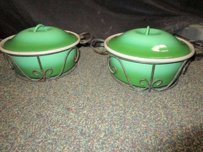 Enamel caseroles with covers and metal holders
