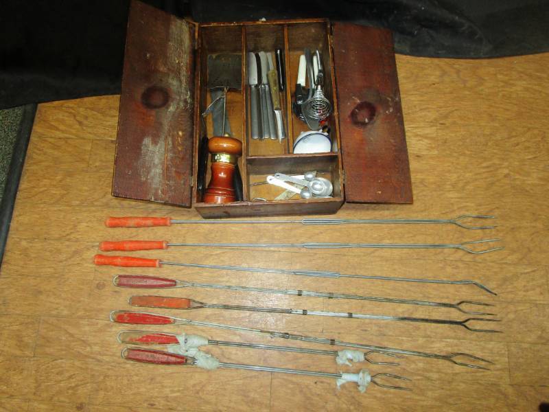 Various old utinsils in wooden box and firepit sticks(enamel funnel)