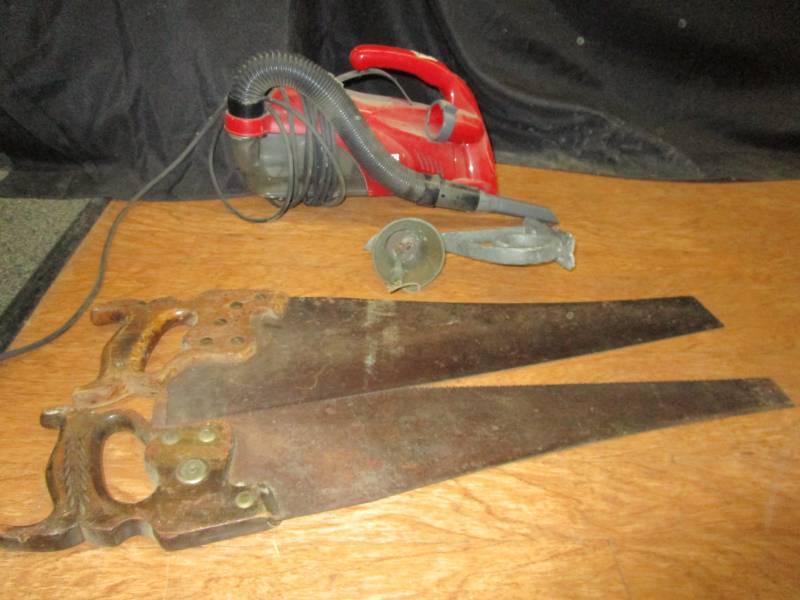 Nice little dinner bell to hang on your porch, 2 hand saws and a nice little handy vacuum