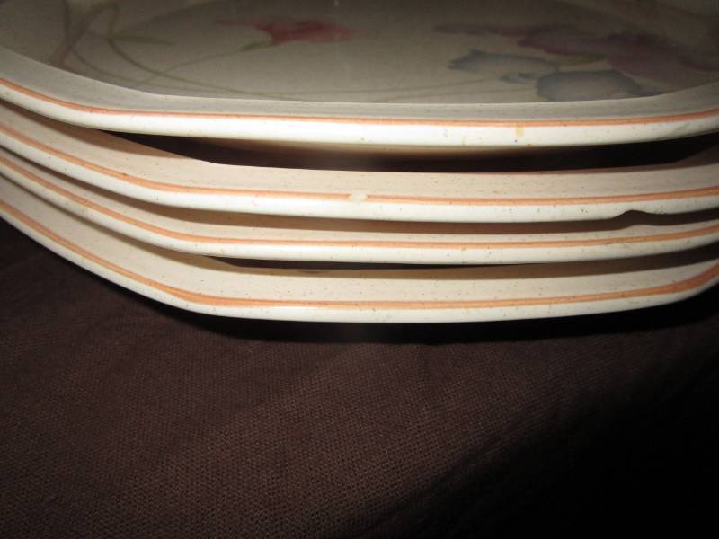 4 Dinner and Salad Plates with 2 coffee cups  Mikasa Craft Works (couple chips). Along with 4 Pink Depression glasses