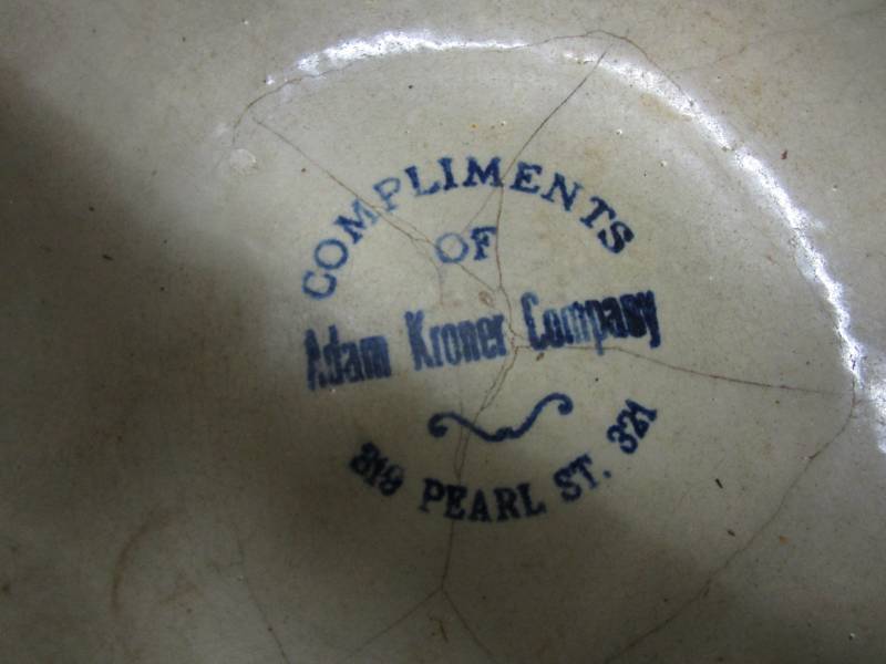 Sponge Bowl, Compliments of Adam Kroner Company 819 Pearl St. 321. it is 8.5 wide.hairline cracks (see pictures)