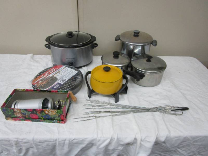 Crock Pot, Table top charcoal grill, 3 nice stainless steal pots, fondue pot