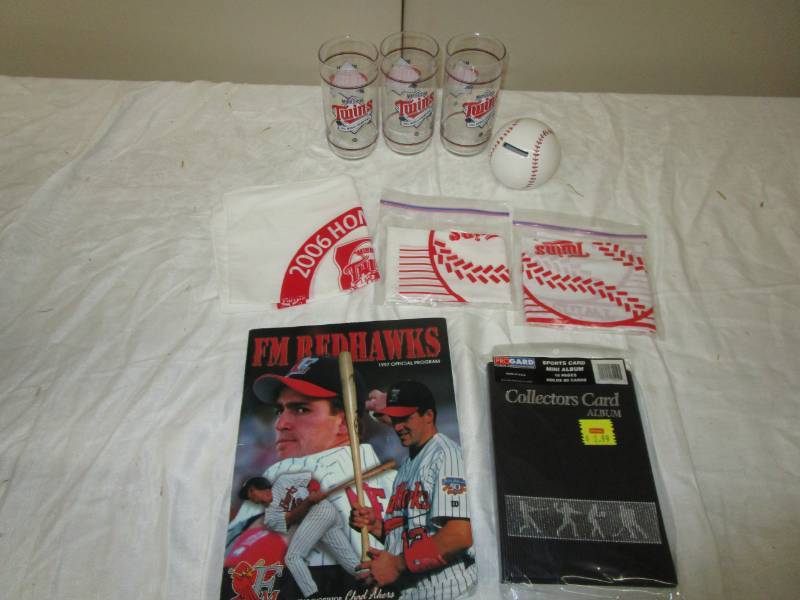 Twins Stuff, 3 glasses, homer hankies, baseball piggy bank