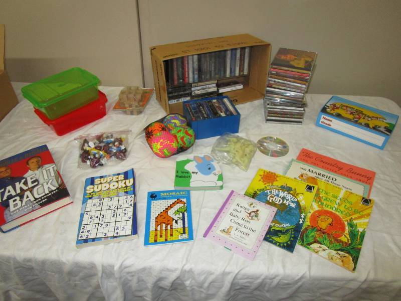 Music CDs and Tapes, kids books, toys, puzzels
