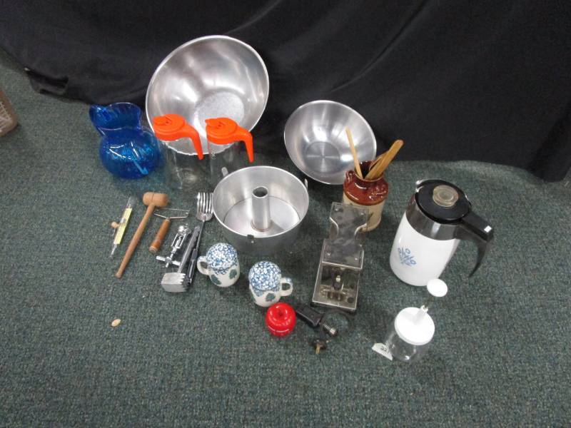 stainless bows, utinsils antique toaster and various items