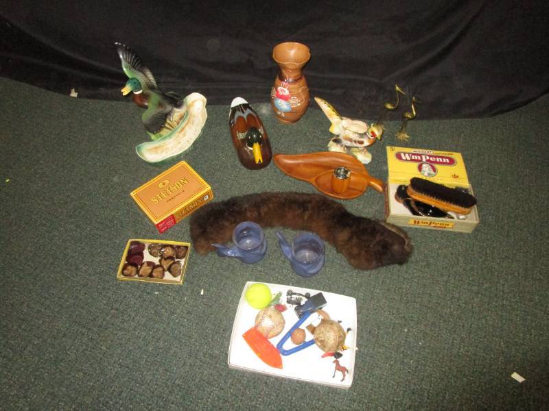 duck phone, tv lamp, vase and various old items