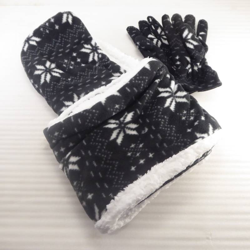 lot 463 image: Brand New Gold Coast Black Snowflake Fleece Hooded Scarf & Gloves Set