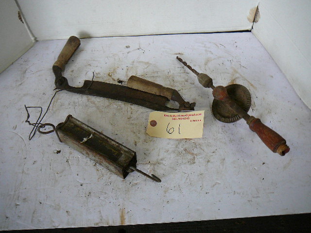 lot 61 image: Vintage draw file, hand drill, dish scale