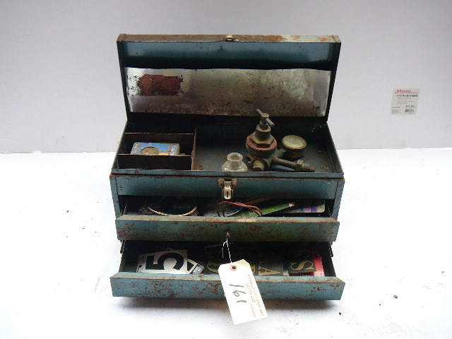 lot 161 image: Tool box  Craftsman Brass Regulator, Auto light bulbs, Letters