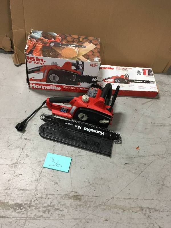 lot 36 image: Homelite UT43122B 16 in. 12 Amp Electric Chainsaw in working conditions