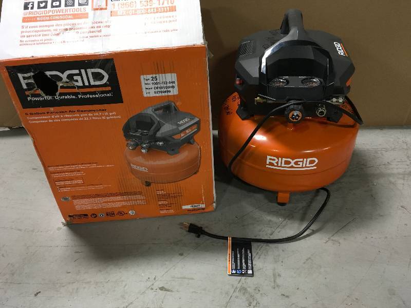lot 38 image: RIDGID Portable Electric Air Compressor 6 Gallon Pancake Tank Pressure Gauge in working conditions