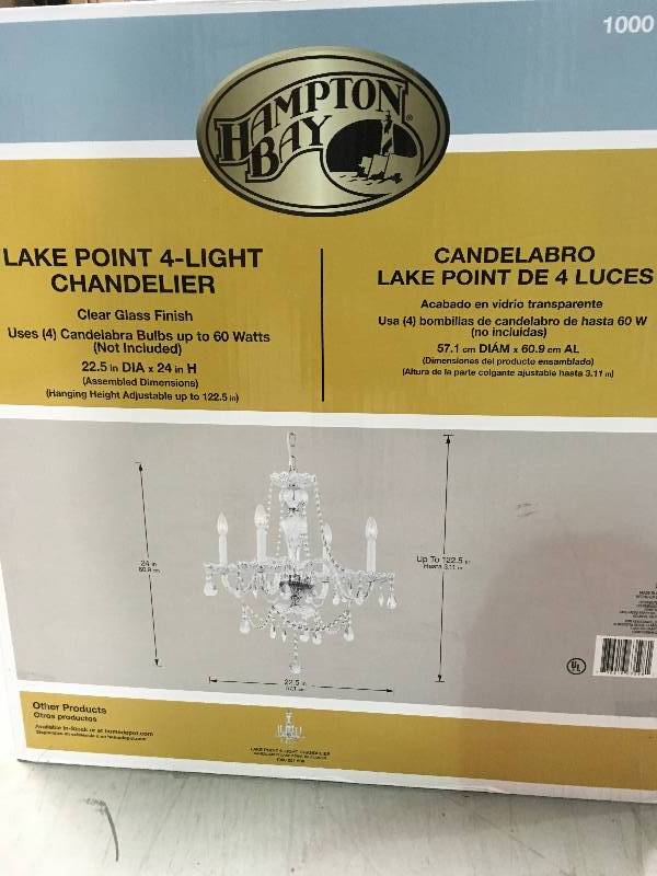 lot 52 image: Hampton Bay Hampton Bay Lake Point 4-Light Chrome and Clear Crystal Chandelier new