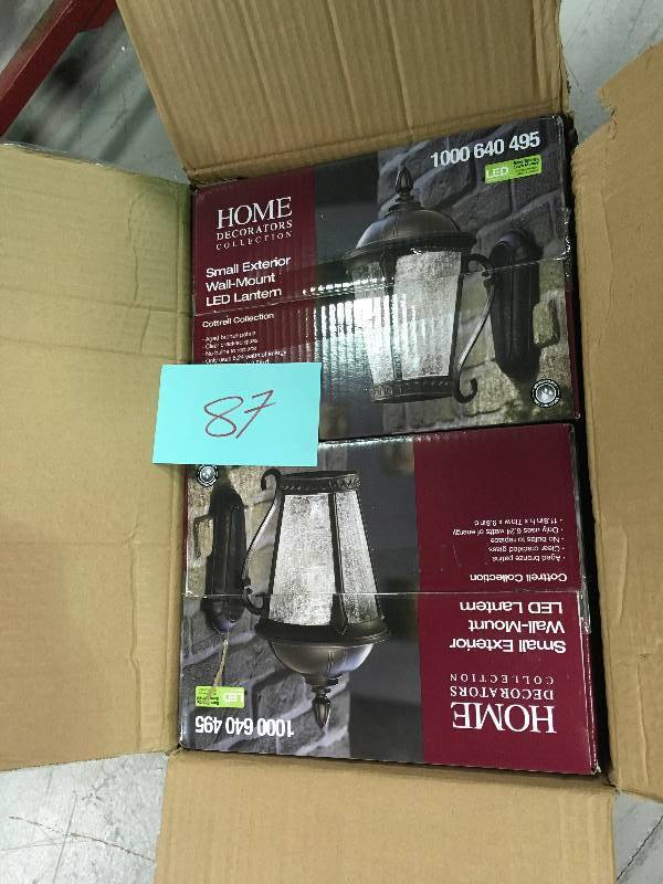 lot 87 image: Home Decorators Collection Aged Bronze Patina Outdoor LED Wall Lantern 100064  LOT OF 2 not used