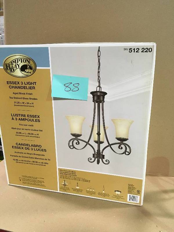 lot 88 image: Hampton Bay 14708 Essex 3-Light Aged Black Chandelier Aged Black new