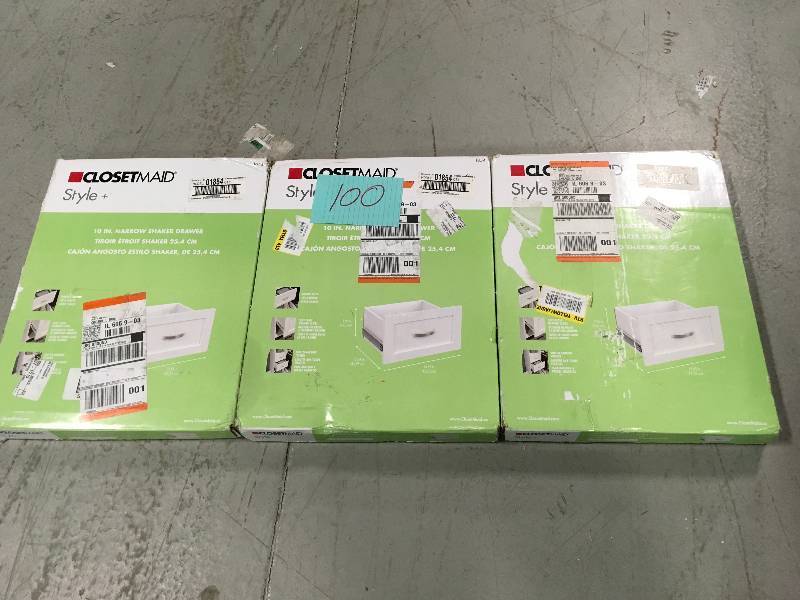 lot 100 image: CLOSETMAID Selectives 23.5 in. x 10 in. Decorative Wood Drawer in White  LOT OF 3 not used