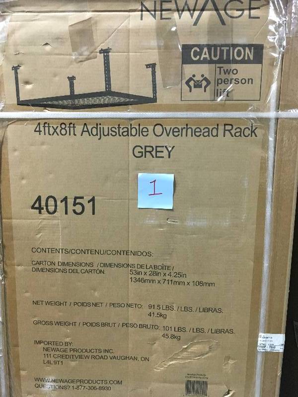 lot 1 image: NewAge Products 40151 4-Feet by 8-Feet Ceiling Mount Garage Storage Rack, Grey NOT USED