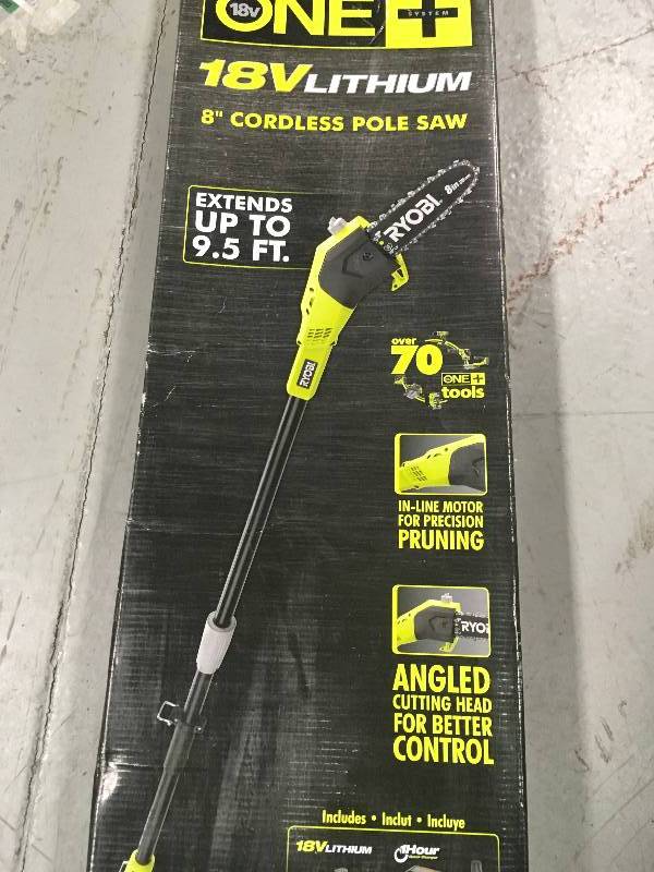 lot 11 image: Ryobi ONE 8 in. 18-Volt Lithium-Ion Cordless Pole Saw - 1.3 Ah Battery and Charger Included  Used in good working cond.