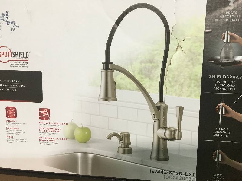lot 62 image: DELTA Foundry Single-Handle Pull-Down Sprayer Kitchen Faucet with Shield Spray and Soap Dispenser in Spot Shield Stainless in good conditions