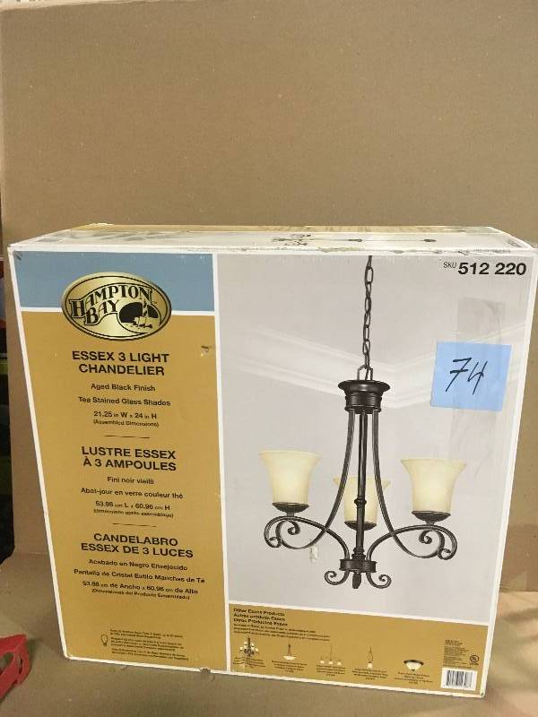 lot 74 image: Hampton Bay 14708 Bayessex 3-Light Aged Black Chandelier NEW