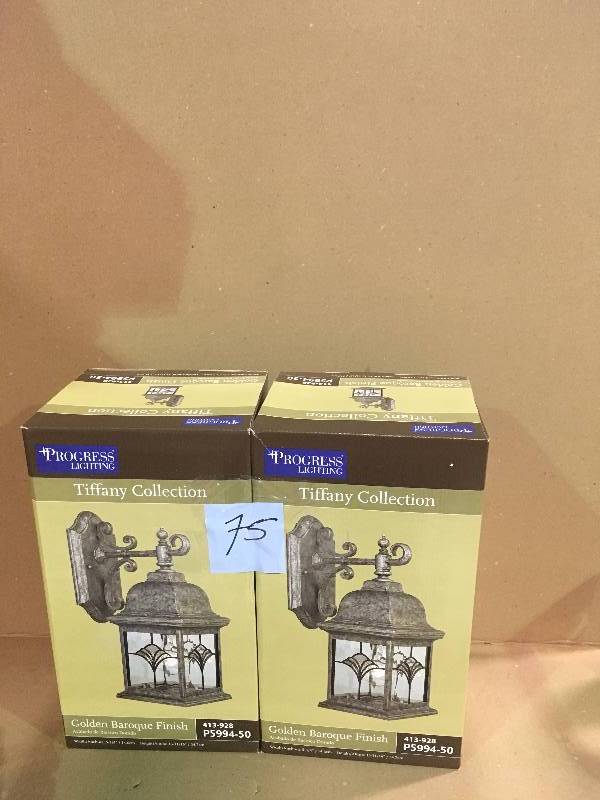 lot 75 image: Progress Lighting Tiffany Collection Golden Baroque 14 Outdoor Wall Light  LOT OF 2  New