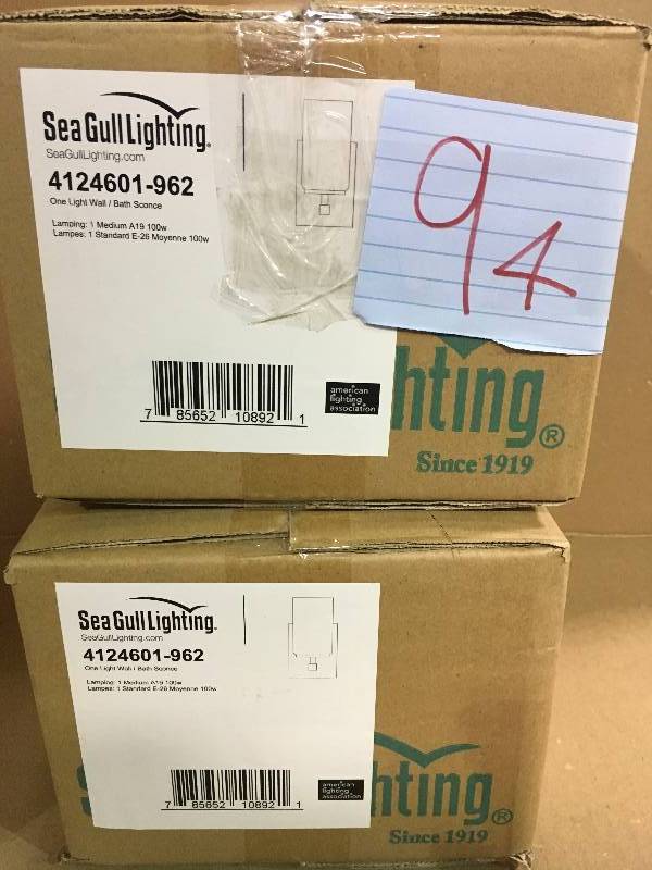 lot 94 image: LOT OF 2 Sea Gull Lighting 4124601-962 Alturas One-Light Bath or Wall Sconce with Etched White Inside Glass Shade, Brushed Nickel Finish in good conditions