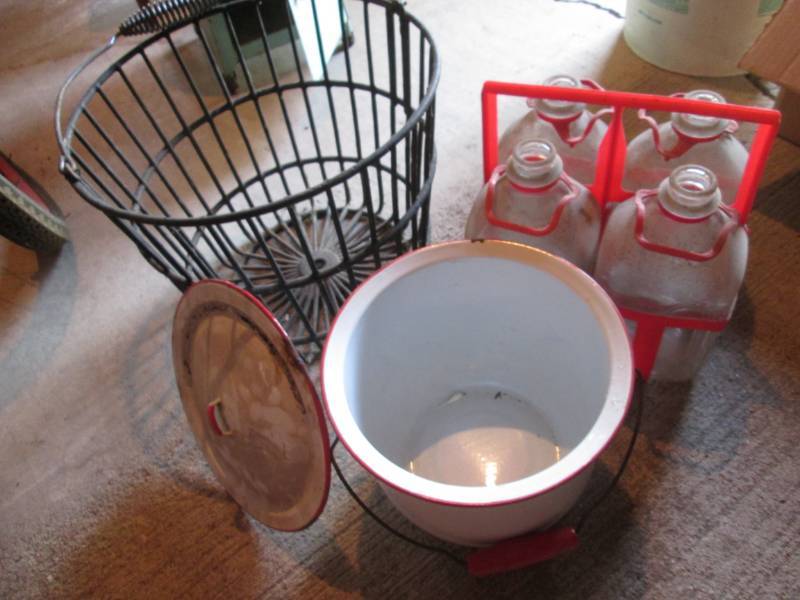 lot 10 image: Antique egg basketmilk jarskettle...