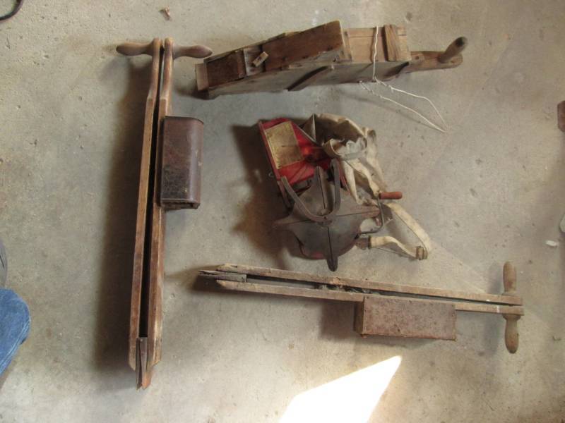 lot 29 image: Antique wooden hand seedersbag see...