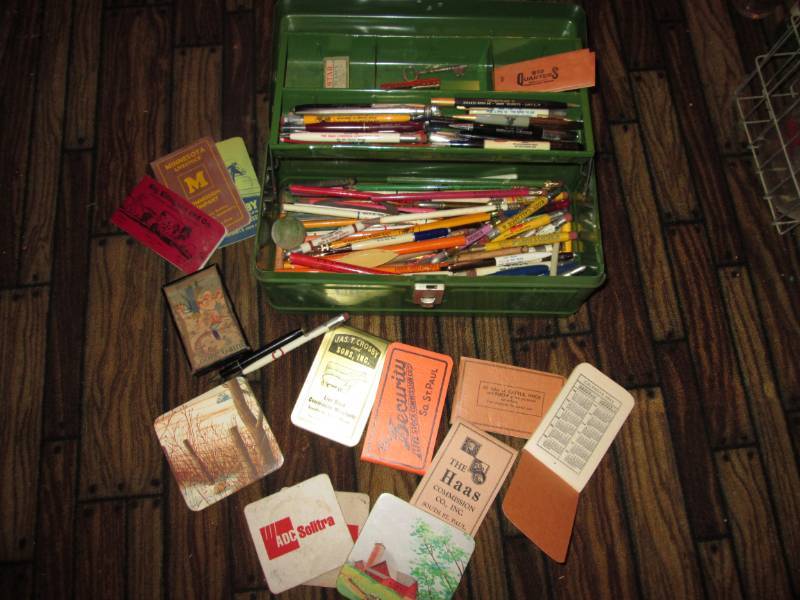 lot 74 image: Vintage tackle box with pencilspen...
